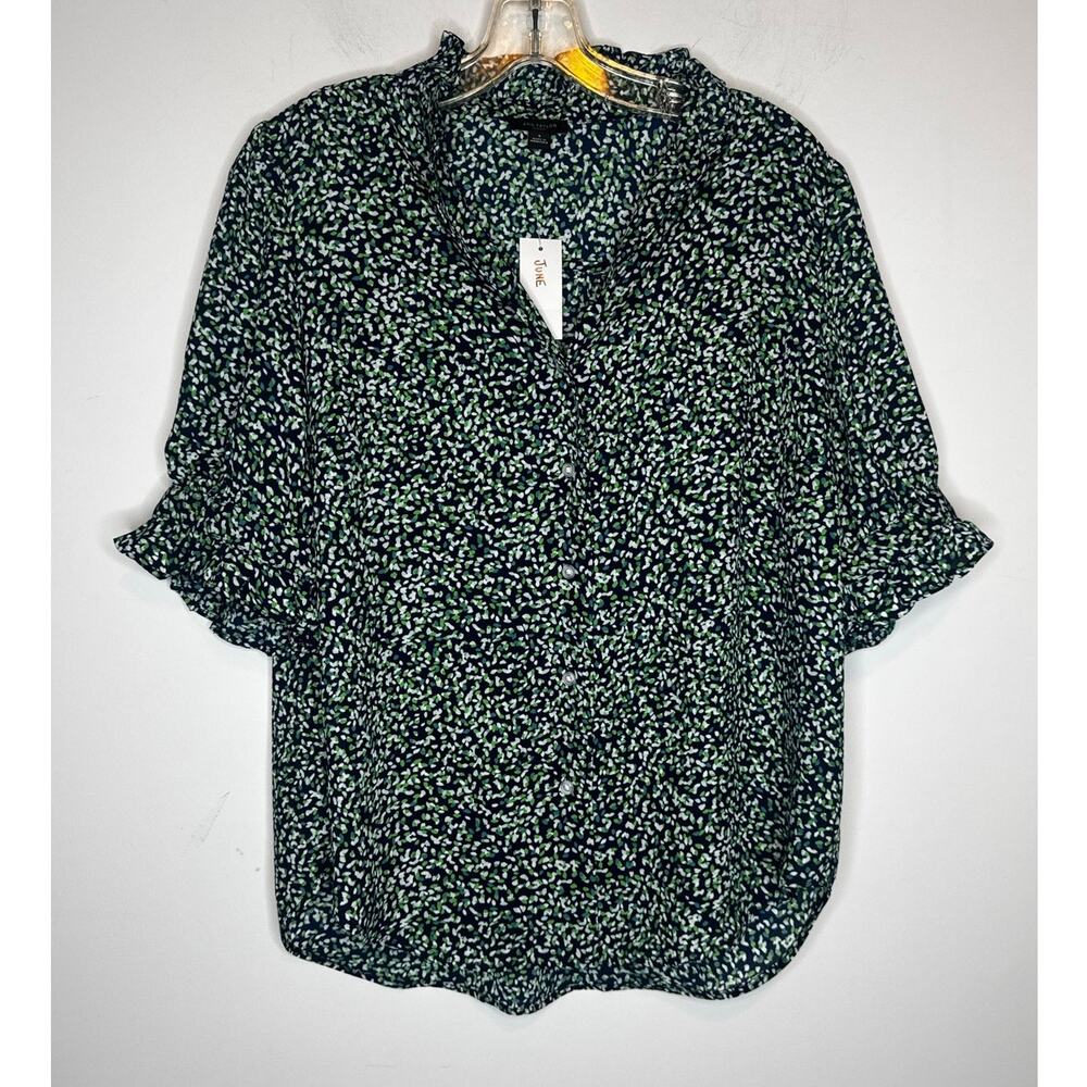 Ann Taylor Factory Green Floral Ruffle Neck Short Sleeve Button Down Small New